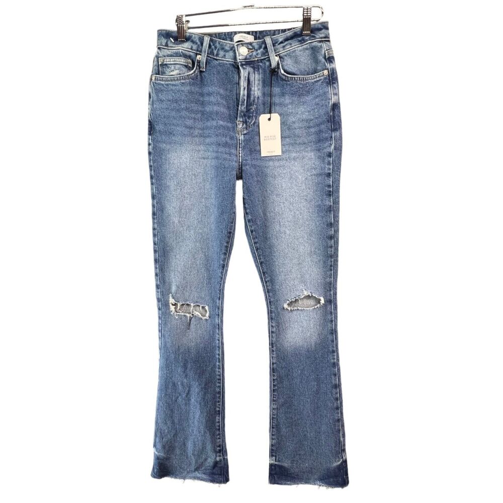 Forever 21 Jeans Women 27 Blue Mid Rise Bootcut Denim Distressed Raw Hem Stretch
